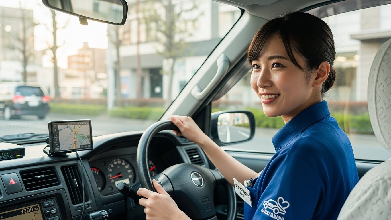 20代の若手女性介護タクシードライバーが笑顔で働く様子