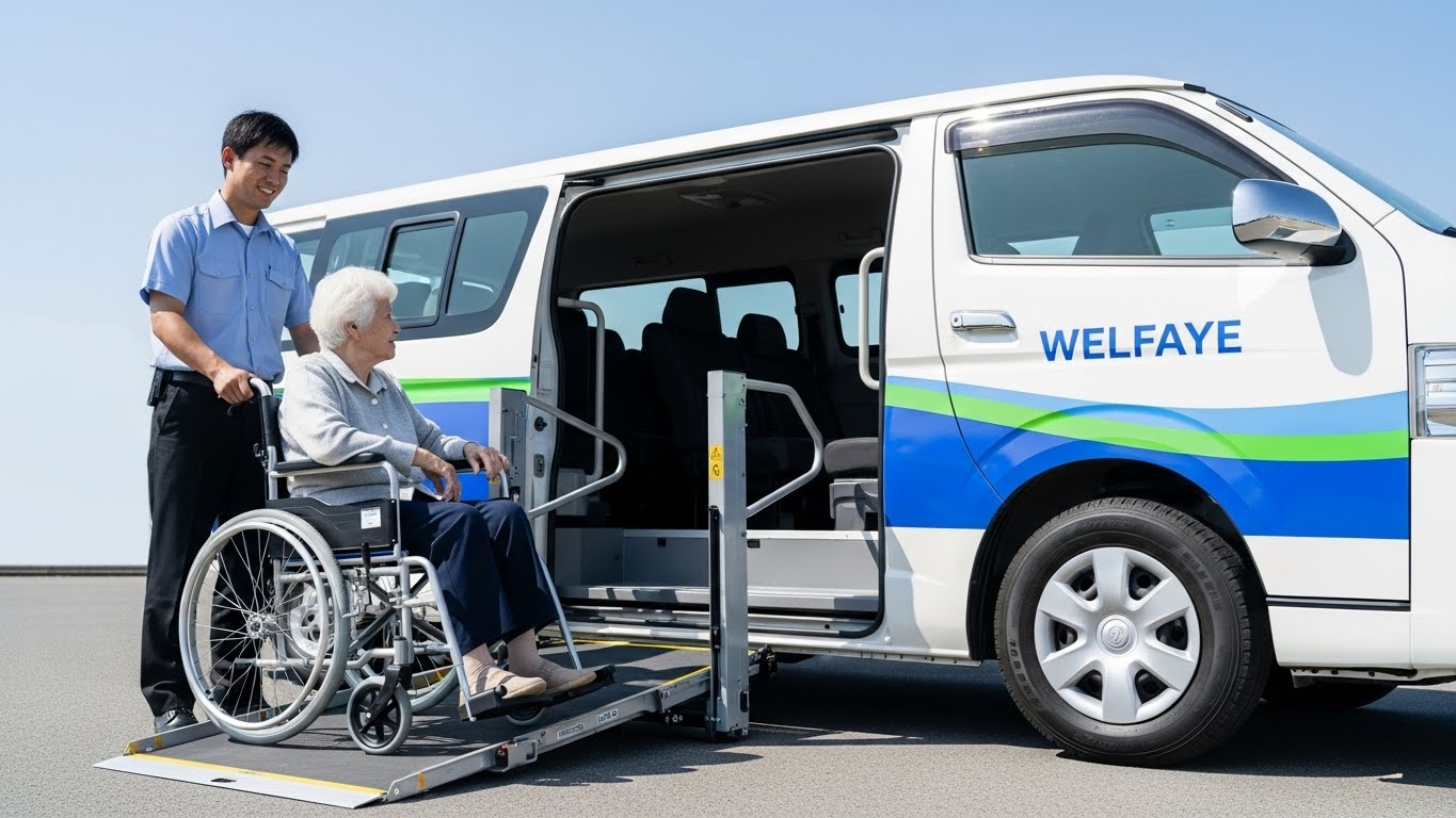 車いす用スロープを備えた最新の介護タクシー車両と介助の様子