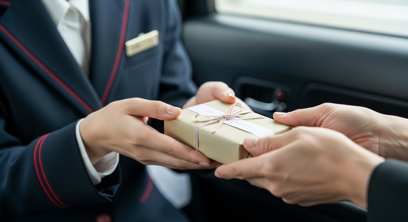 お客様から感謝の言葉とともに、温かなコミュニケーションが生まれるタクシー車内のイメージ。