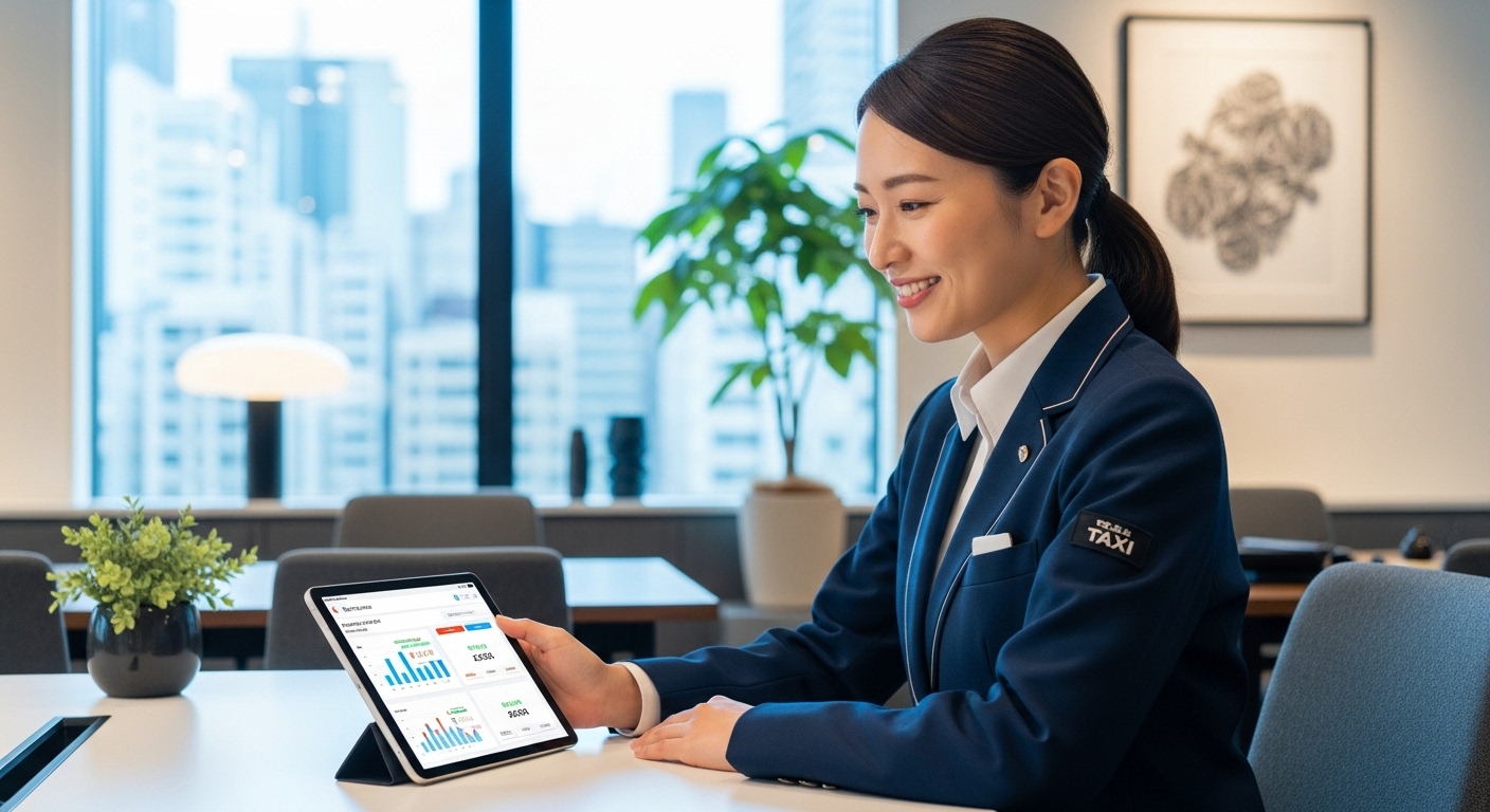 自分のペースで働き、充実した表情でタブレットやスケジュールを確認する女性ドライバー。