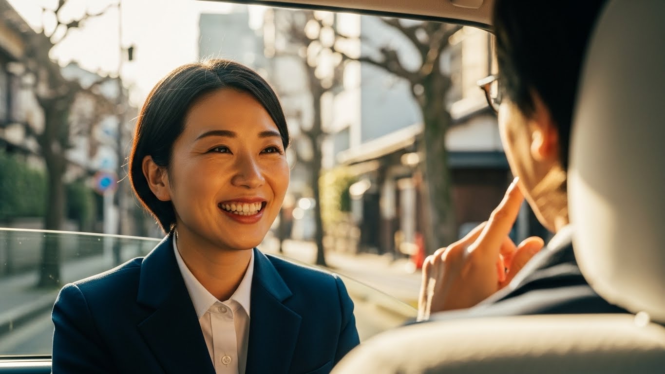 お客様からの感謝の言葉に、やりがいを感じて笑顔になる女性ドライバー。