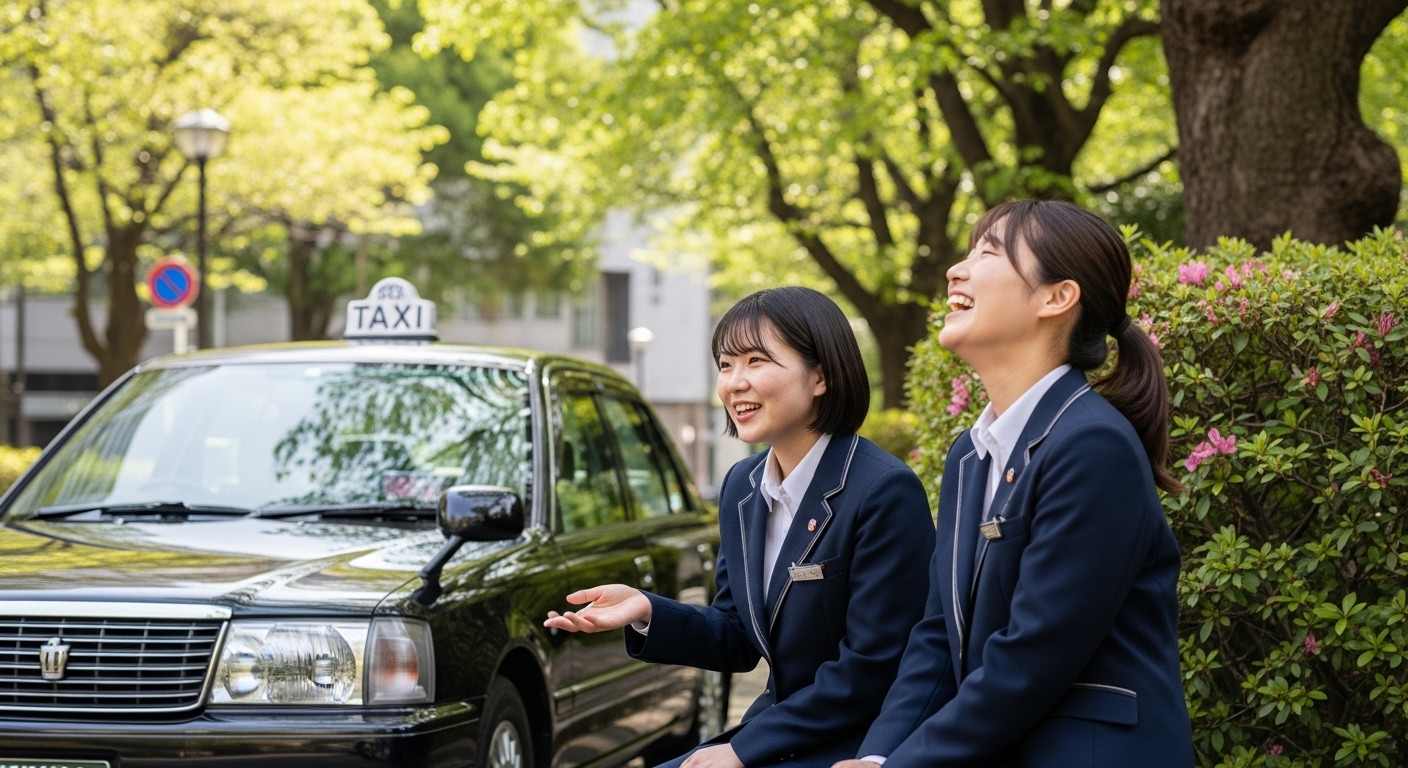 あんしんネットで働く日本人女性タクシードライバーが、お互いにサポートし合う瞬間の画像。