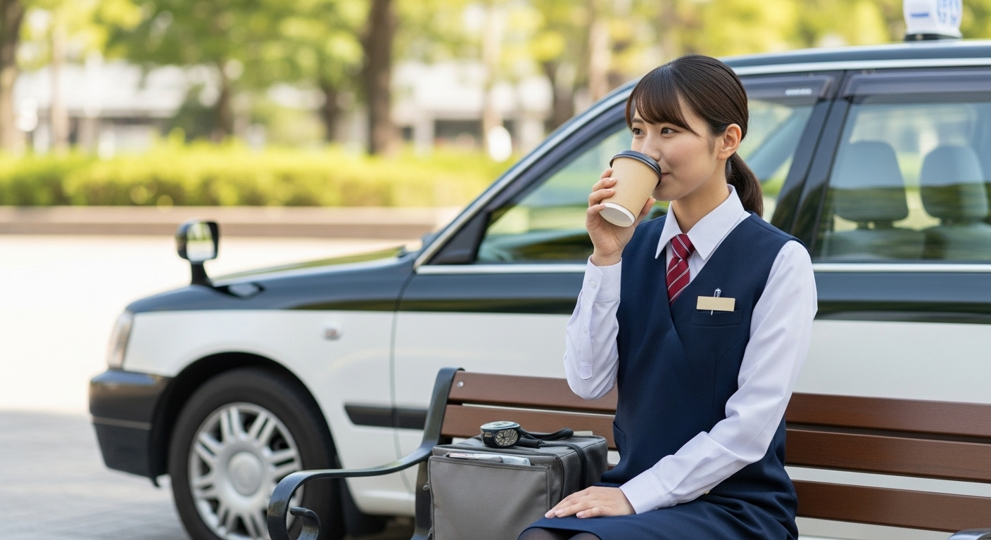 あんしんネットで働く日本人女性タクシードライバーが、仕事の合間にリラックスして休憩する瞬間の画像。