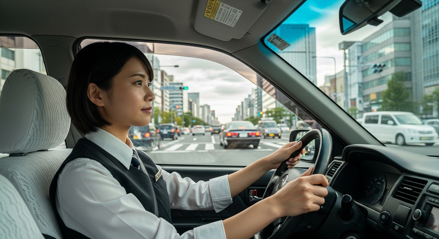 あんしんネットで働く日本人女性タクシードライバーが、実際の運転中に感じたギャップを乗り越える瞬間の画像。
