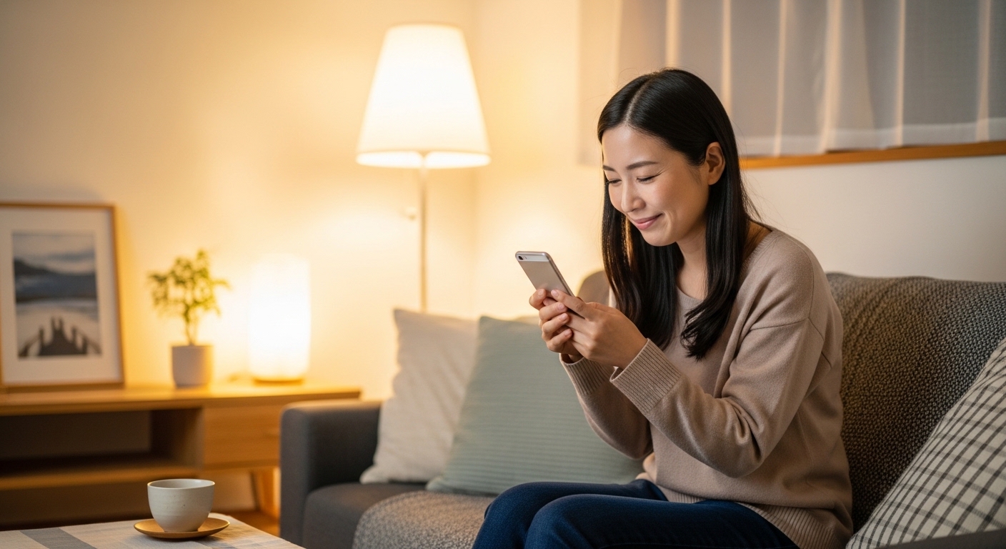 スマートフォンで親の安否報告を確認し安心する女性