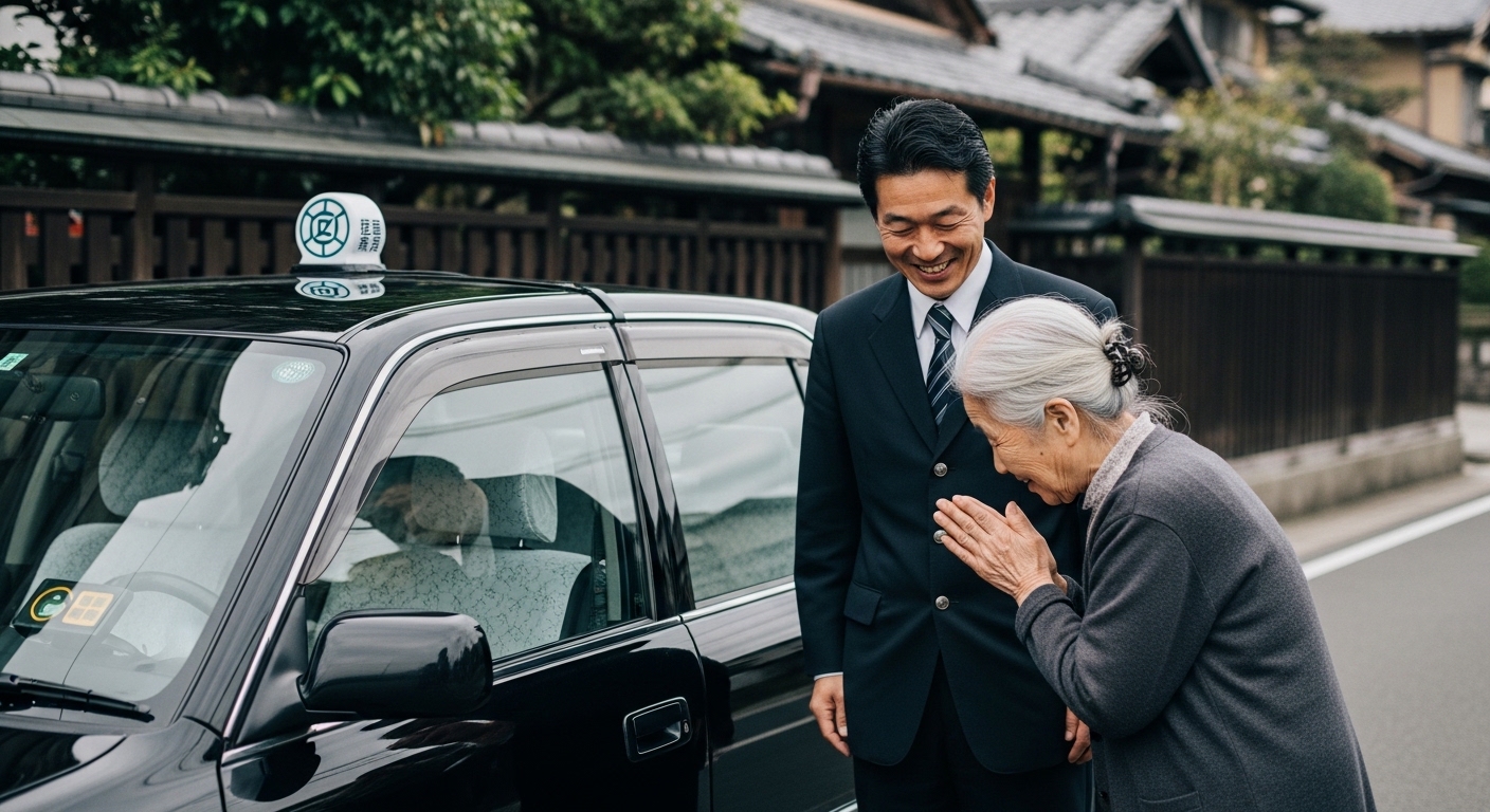 利用者から感謝の言葉を受けて笑顔になる日本人タクシードライバー