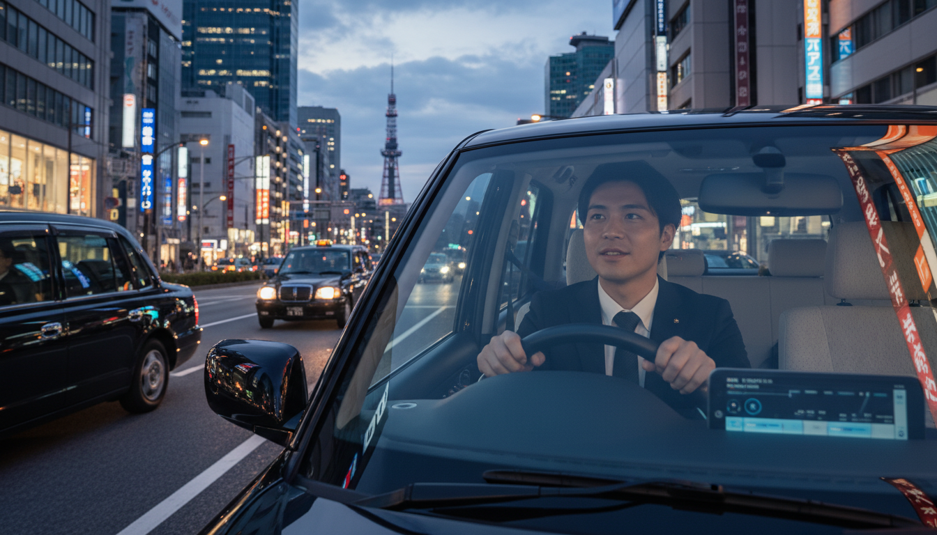 名古屋の街を背景に、夕日を浴びながら走るあんしんネットのタクシー。未来を見つめるドライバーの姿に希望が感じられる。
