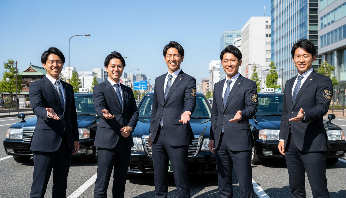 名古屋の空の下、黒いタクシーの前で笑顔を見せる20代・30代のあんしんネットの若手ドライバーたち。活気と成長を感じる一枚。