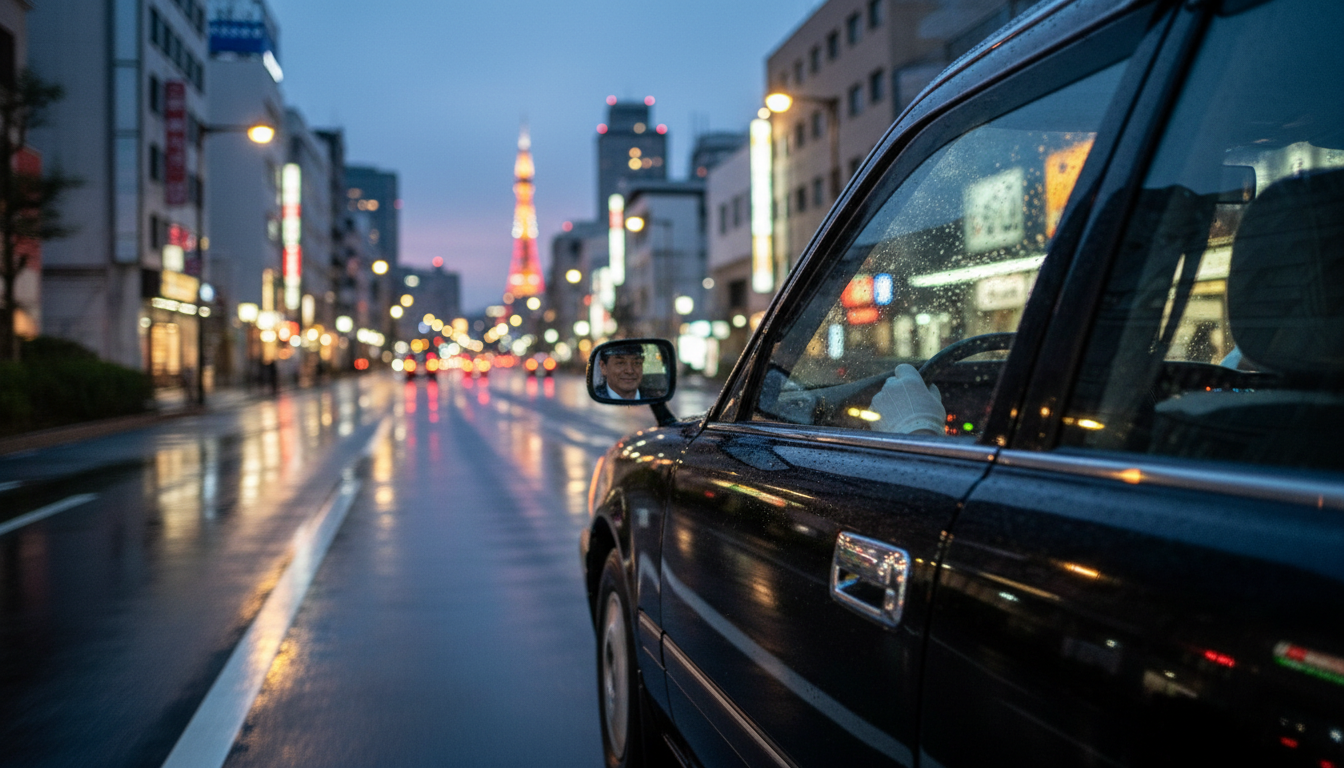 夕暮れの名古屋の街を走るタクシー。運転席のドライバーが優しく微笑み、安心と温もりを届けるラストシーン。