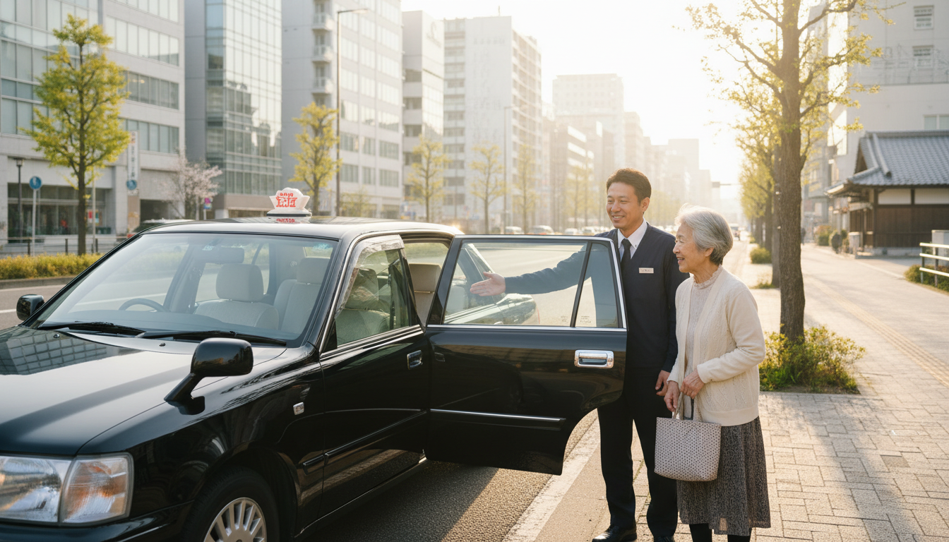 名古屋の街で高齢の乗客をやさしくサポートするあんしんネットのドライバー。地域の安心と信頼を象徴する温かいシーン。