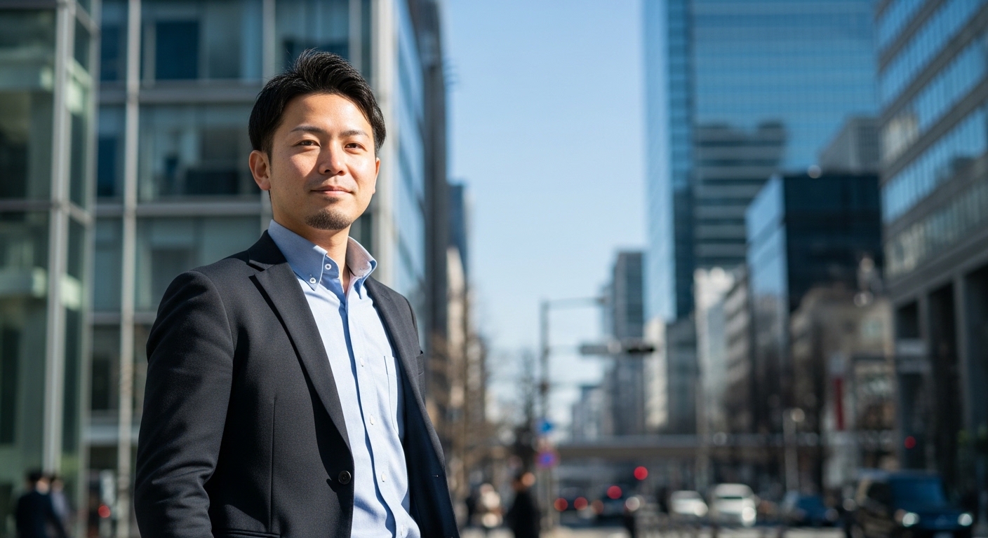 ひげのない日本人男性エンジニアが前向きな表情で立つ姿。仕事からキャリアを選ぶ新しい就職観を表現したイメージ