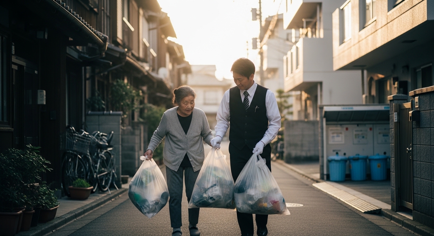 高齢者宅でゴミ出しを手伝う日本人タクシードライバーの様子