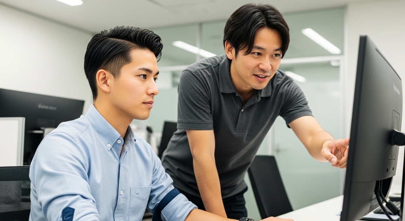 先輩エンジニアの指導を受けながら成長する日本人エンジニアの様子