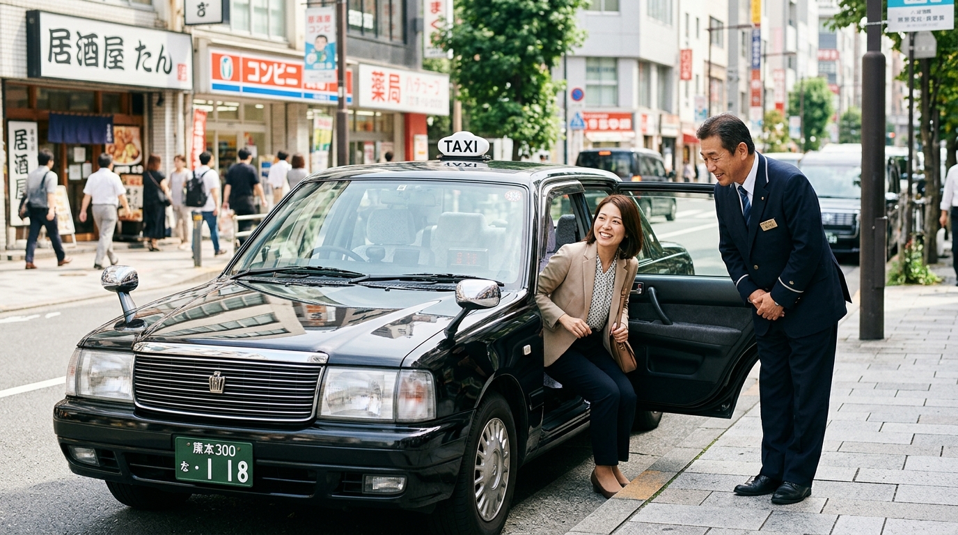 丁寧に挨拶をするタクシードライバーの様子。接客は才能ではなく技術で身につくことを表現したイメージ。