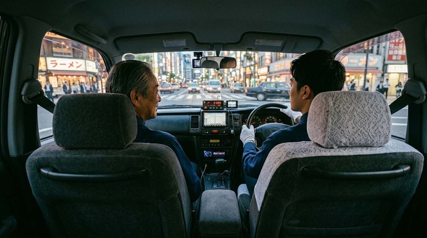 つばめタクシーグループの同乗研修の様子。先輩が未経験ドライバーに運転や接客を指導しているイメージ。