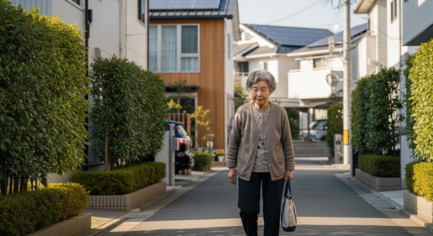 名古屋の住宅街を歩く高齢女性の様子