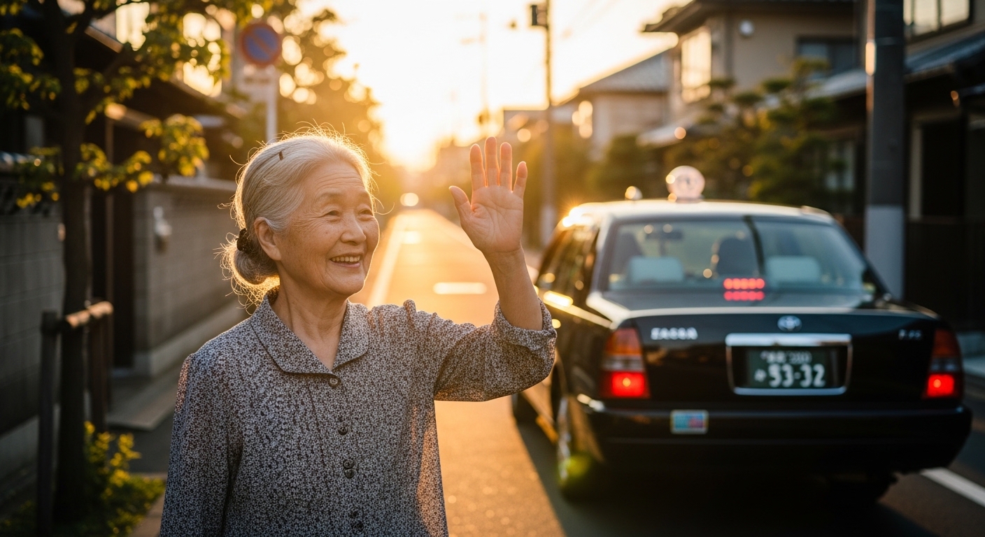 住宅街で手を振る高齢女性とタクシードライバーの様子