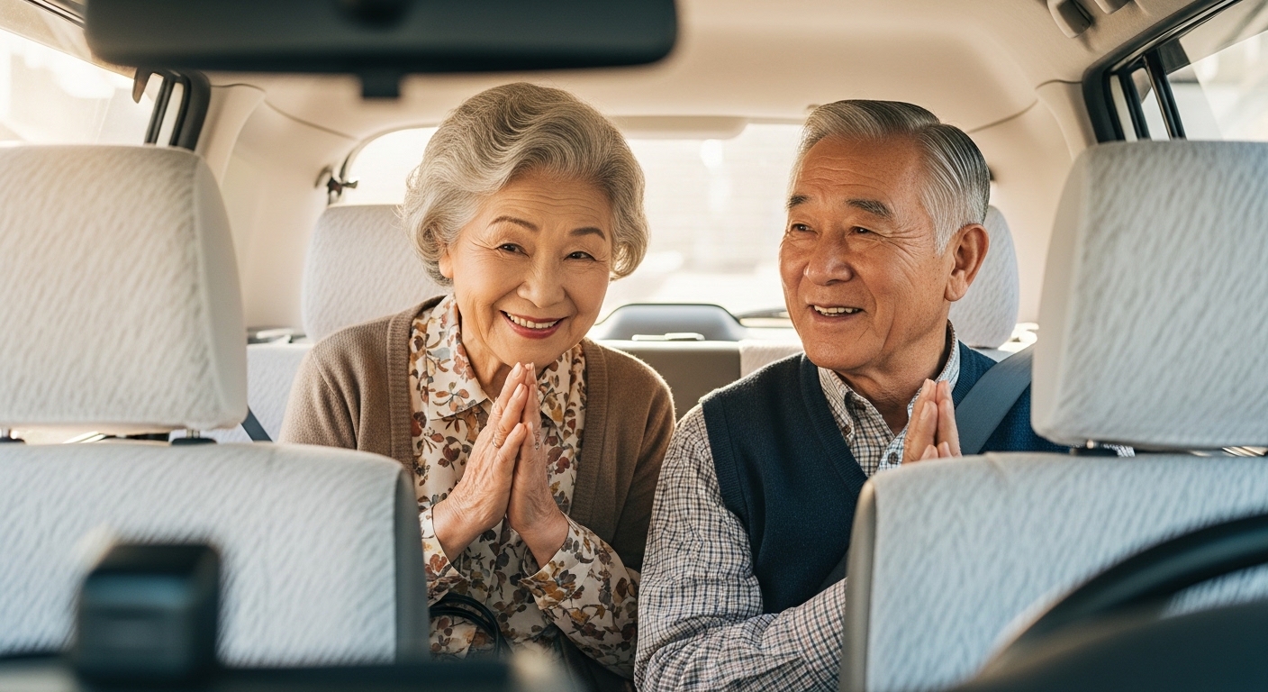 高齢者から感謝され微笑むタクシードライバー
