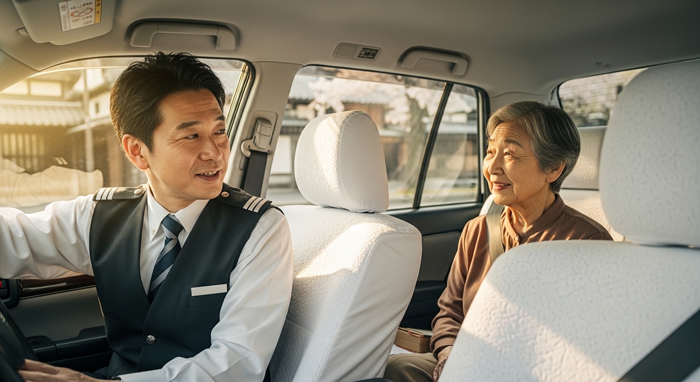 タクシー車内で高齢者と穏やかに会話するドライバー