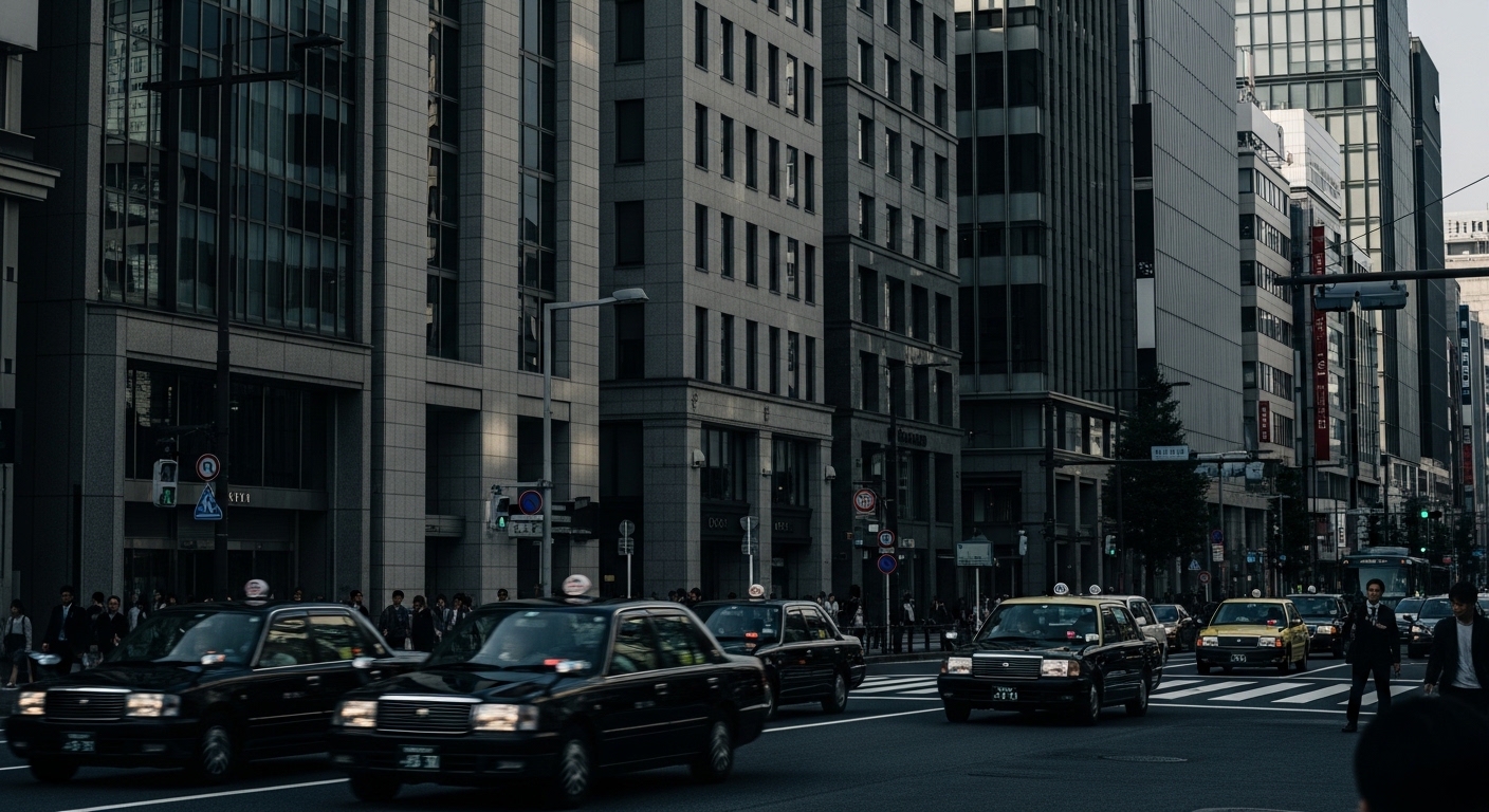 日本の街中を走るタクシーの様子。日常の移動を支える社会インフラとしてのタクシー事業を表現したイメージ