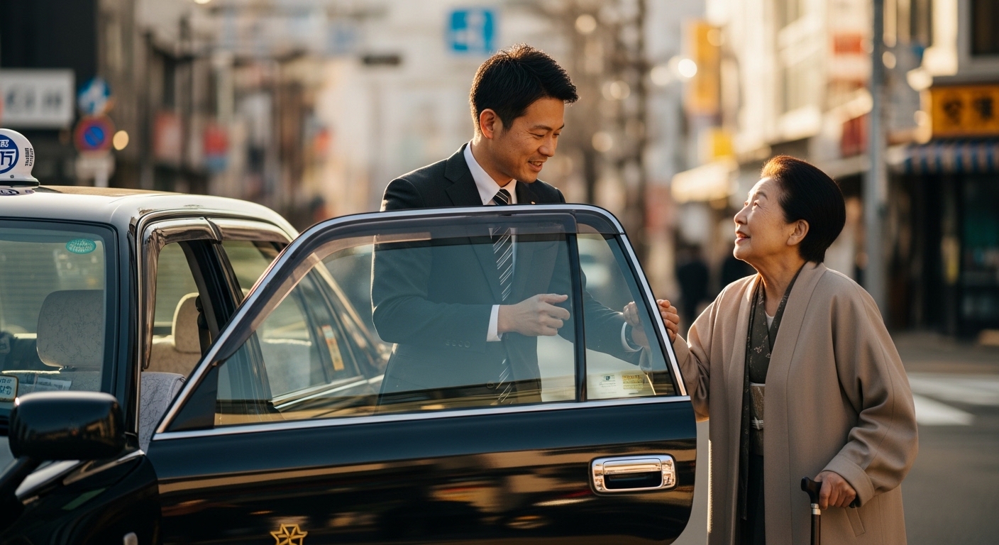 高齢女性の乗降を優しく支えるタクシードライバーの様子