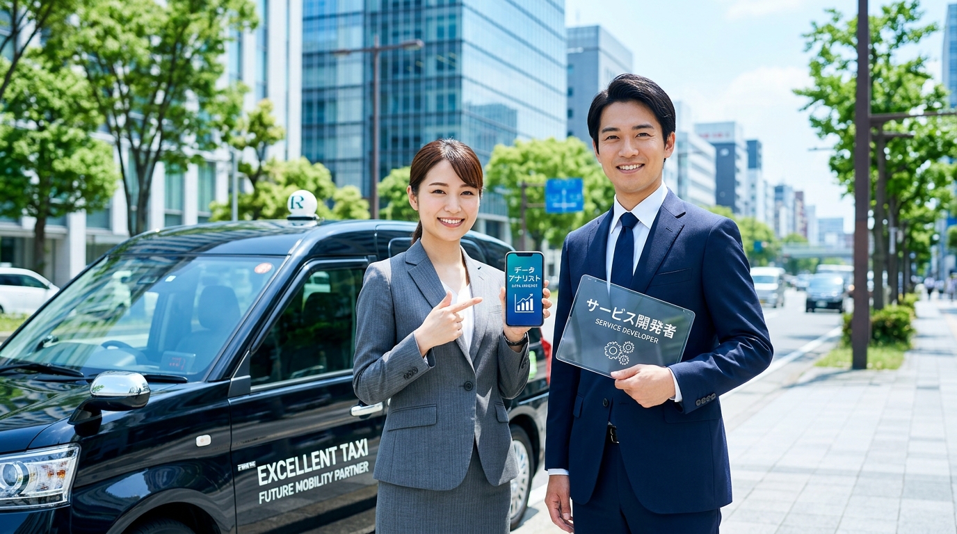 ジャパンタクシーのブラック車両と、地域の安心を守るあんしんネットの警備兼務ドライバー。未来のキャリアを見つめる confident な笑み。