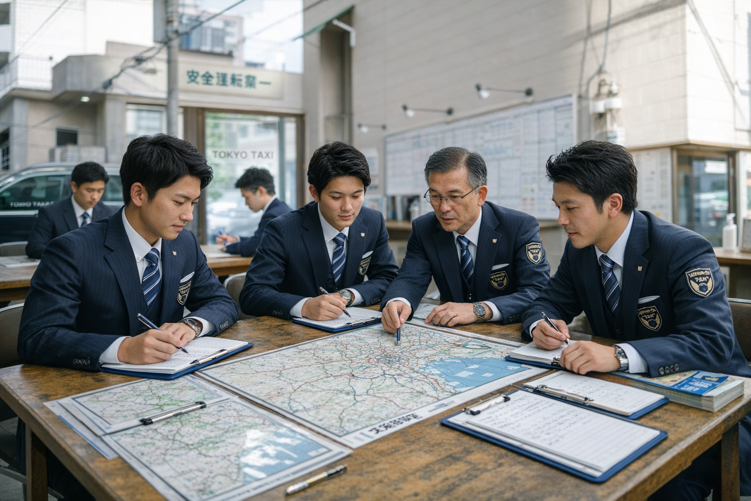 研修を通して地理や接客を学ぶタクシードライバーの様子を表した画像