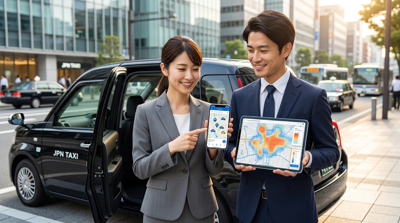 配車アプリやAI需要予測データを活用し、笑顔で未来を見つめるあんしんネットのジャパンタクシー乗務員