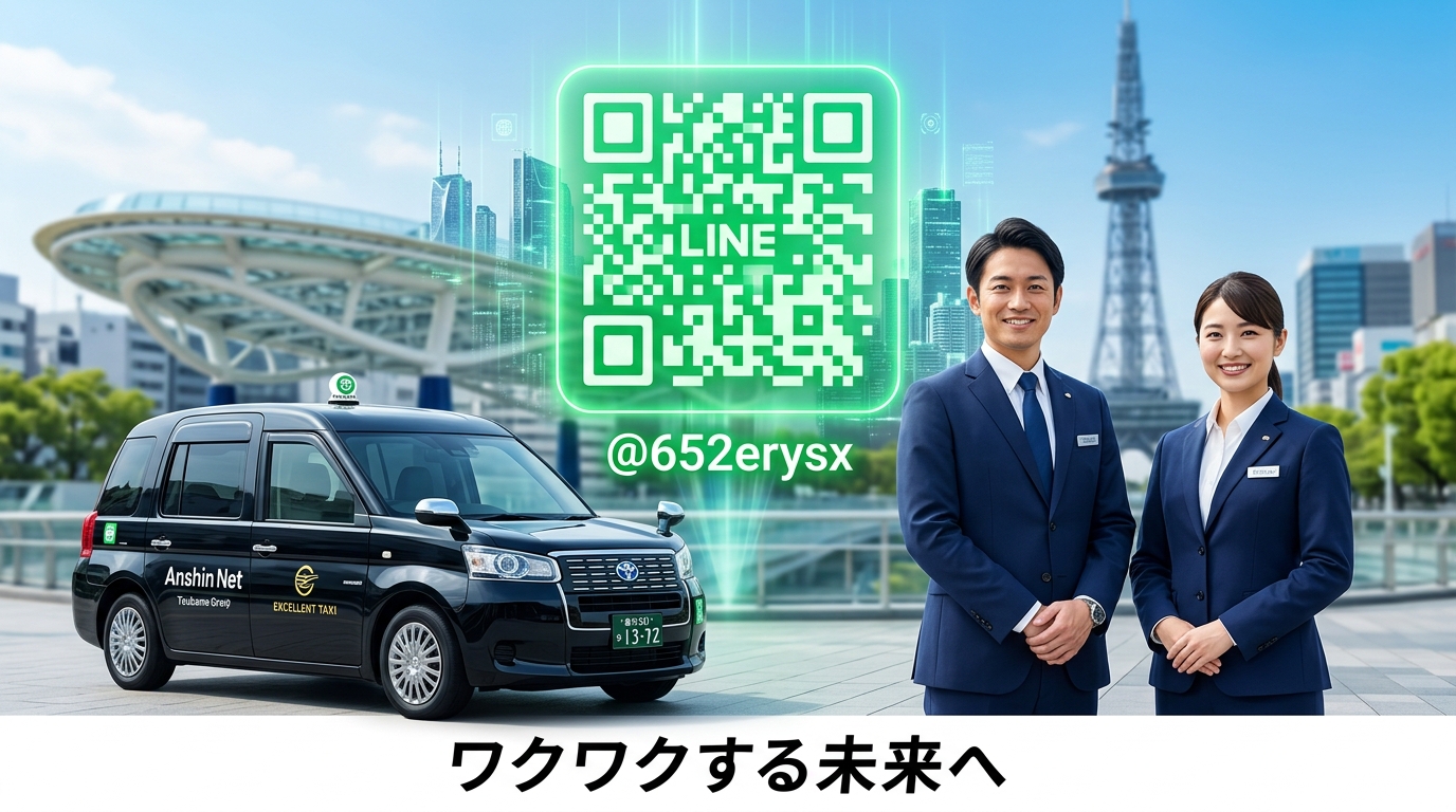 名古屋の未来的な街並みを背景に、自信を持って並ぶジャパンタクシーとあんしんネットのスタッフ。背景には巨大なホログラムのLINE QRコードが浮かび上がり、未来への繋がりを象徴している。