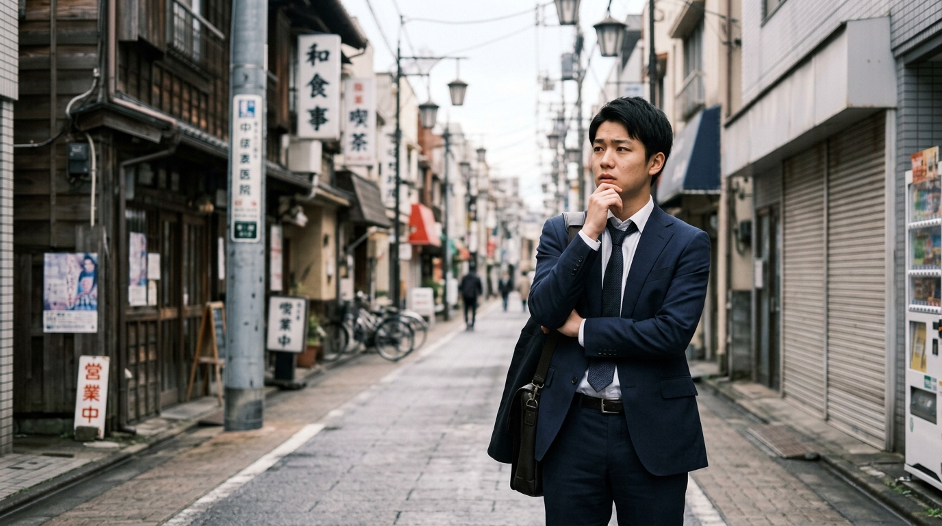 就職前に不安を抱えながらも将来について考える若手男性のイメージ画像