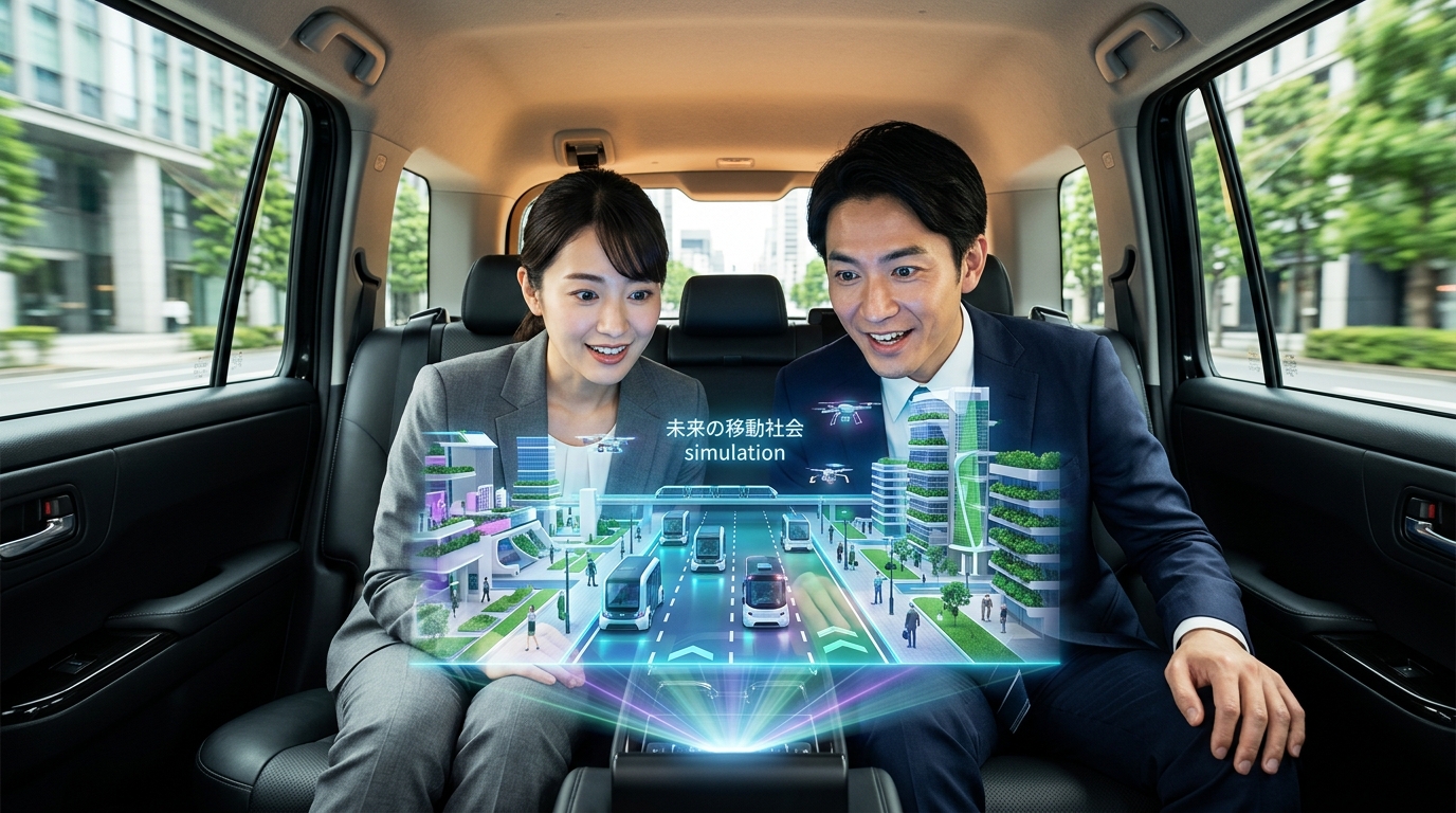 ジャパンタクシーの車内で、好奇心を持って未来の移動社会のシミュレーションを見つめるあんしんネットの乗務員（女性・男性）。表情は真剣でワクワクしている。