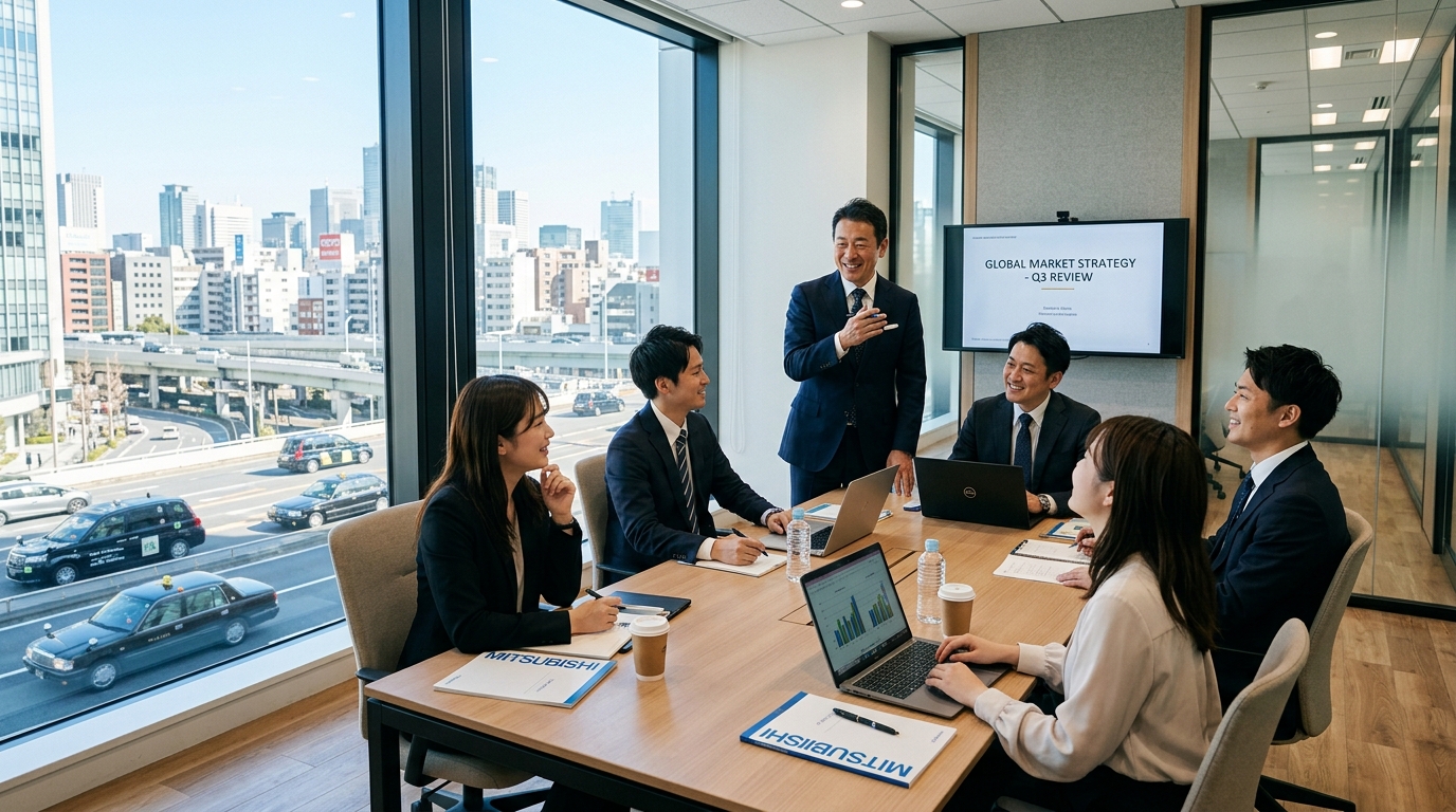 会議室でチームをリードする管理職と、遠くに見える黒色のタクシー