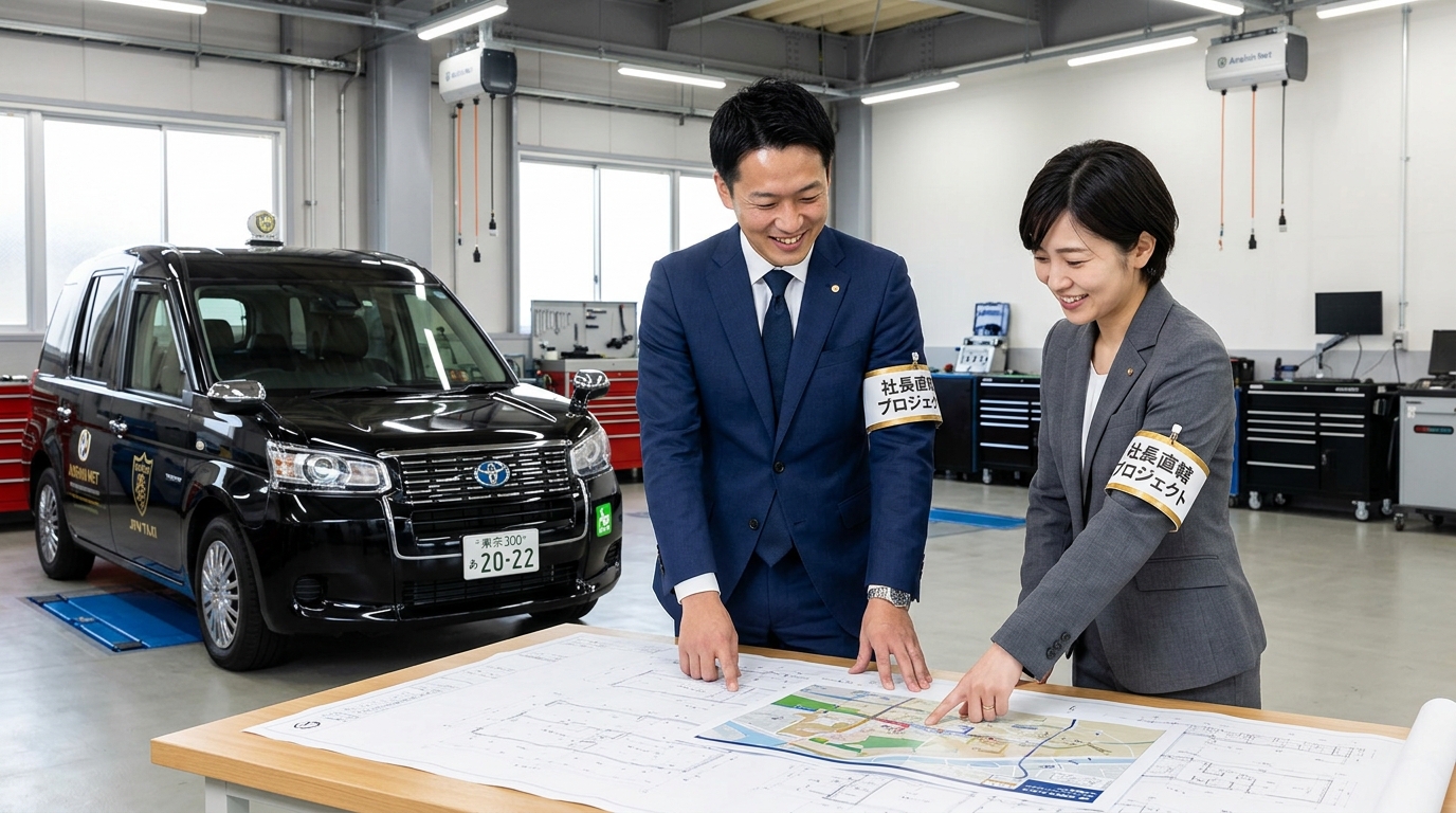 あんしんネットの研修施設で、ジャパンタクシー車両を前に、社長直轄の自動運転開発プロジェクトについて熱心に学ぶスタッフ。腕に「社長直轄」の金色の腕章。