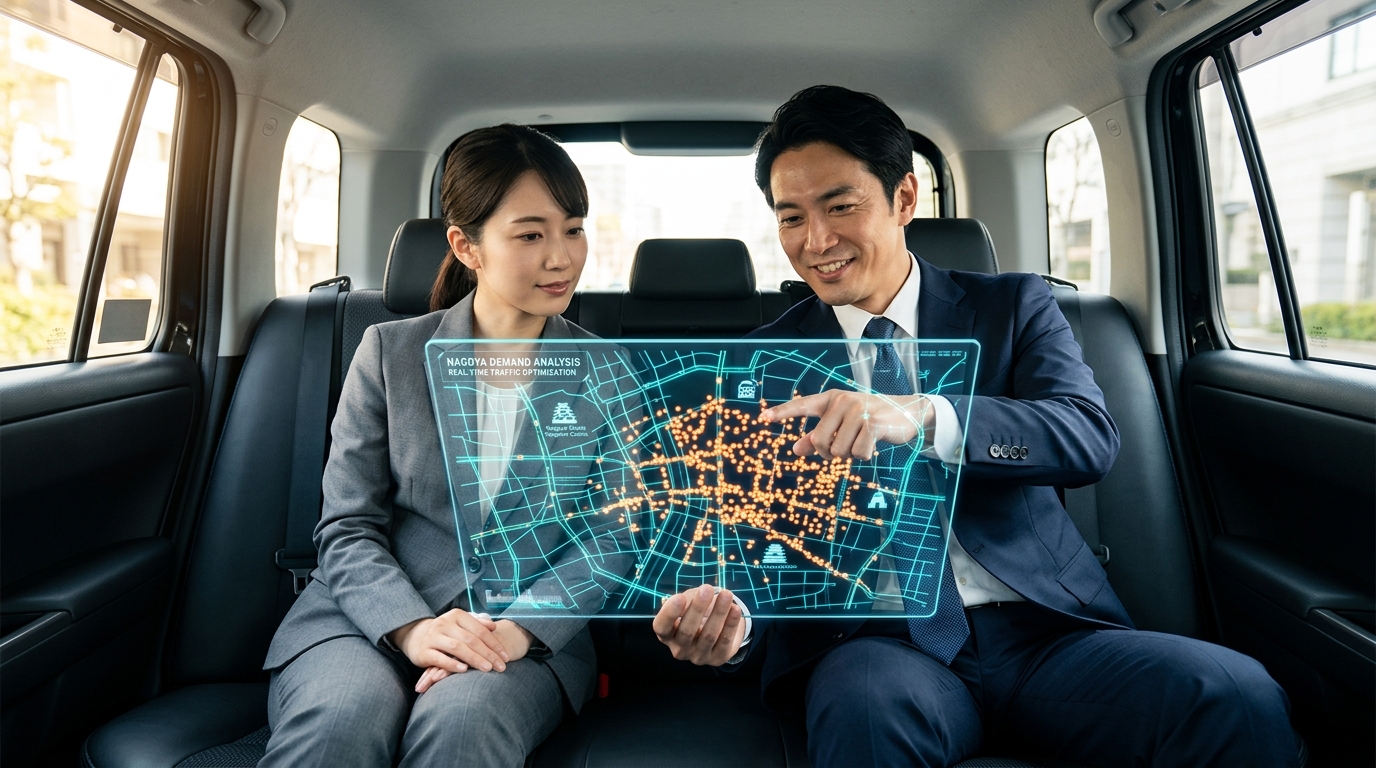 ジャパンタクシーの車内で、名古屋の地域の道路状況や需要データを分析し、自動運転に役立てようとするあんしんネットの乗務員（男性・女性）。