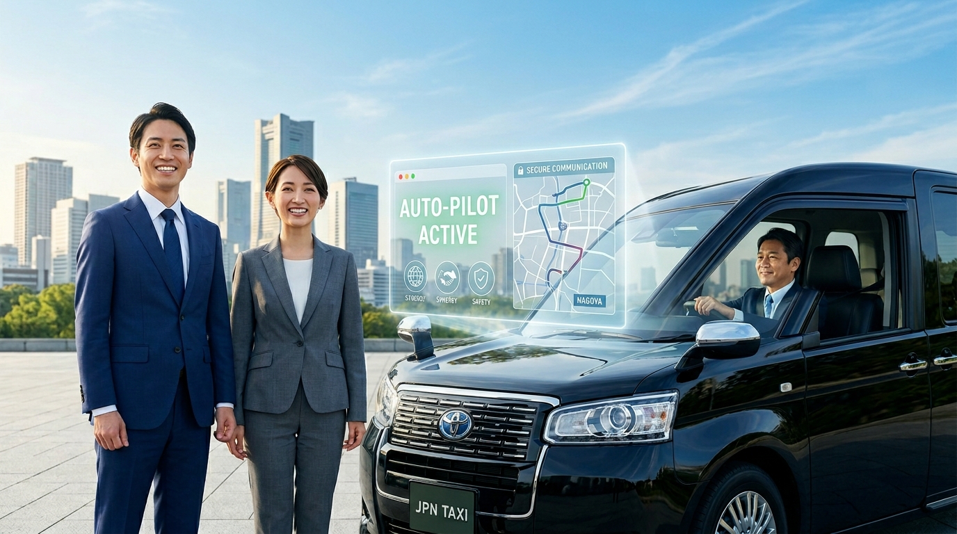 あんしんネットのジャパンタクシー車両と並び、自動運転技術を活用した地域の安心・安全な移動サービスを見つめるスタッフ