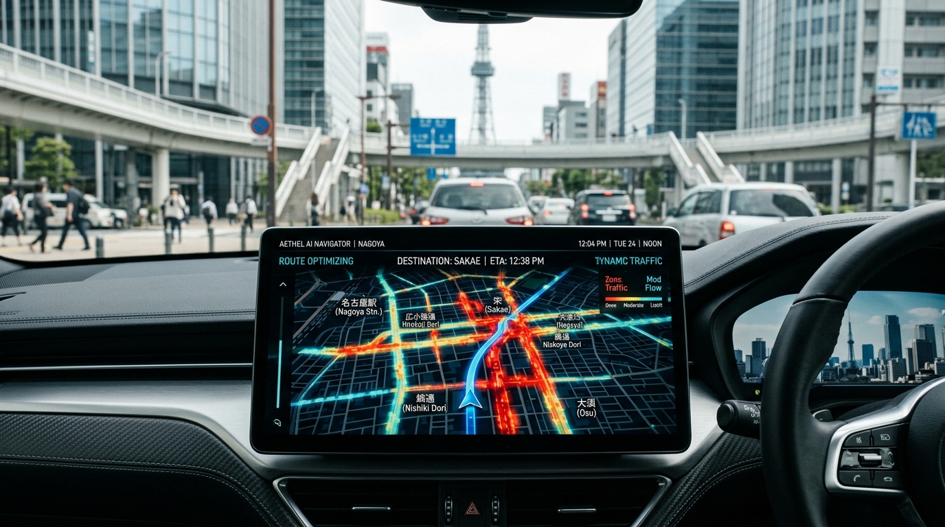 タクシーの車載モニターに表示されたAIの需要予測ヒートマップとナビゲーション