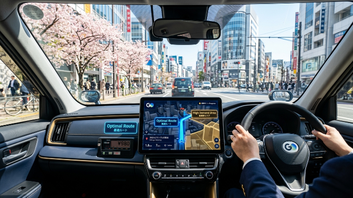 タクシーのダッシュボードに設置された高機能タブレット。GOアプリの配車通知と、AIが解析した『今、お客様が見つかりやすいエリア』へのルートが青い光で示されている。背景には明るい未来を象徴する都市の街並みが広がる。