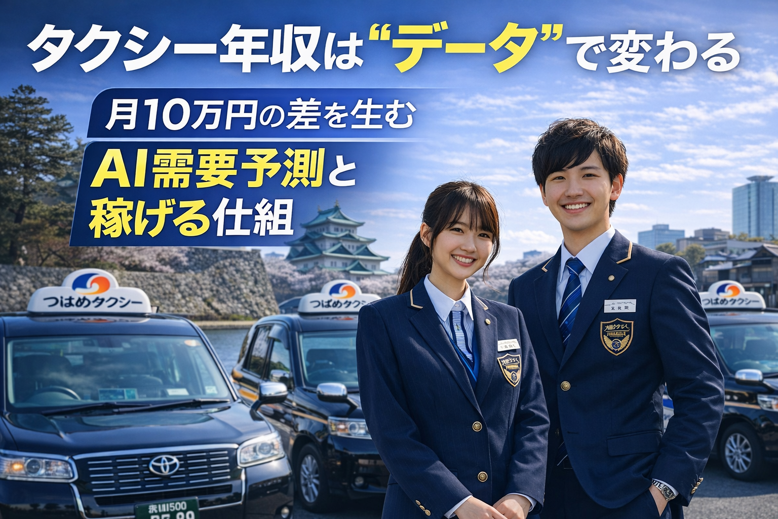 つばめタクシーの若手ドライバーと車両、AI需要予測によってタクシー年収に月10万円の差が生まれる仕組みをイメージした画像