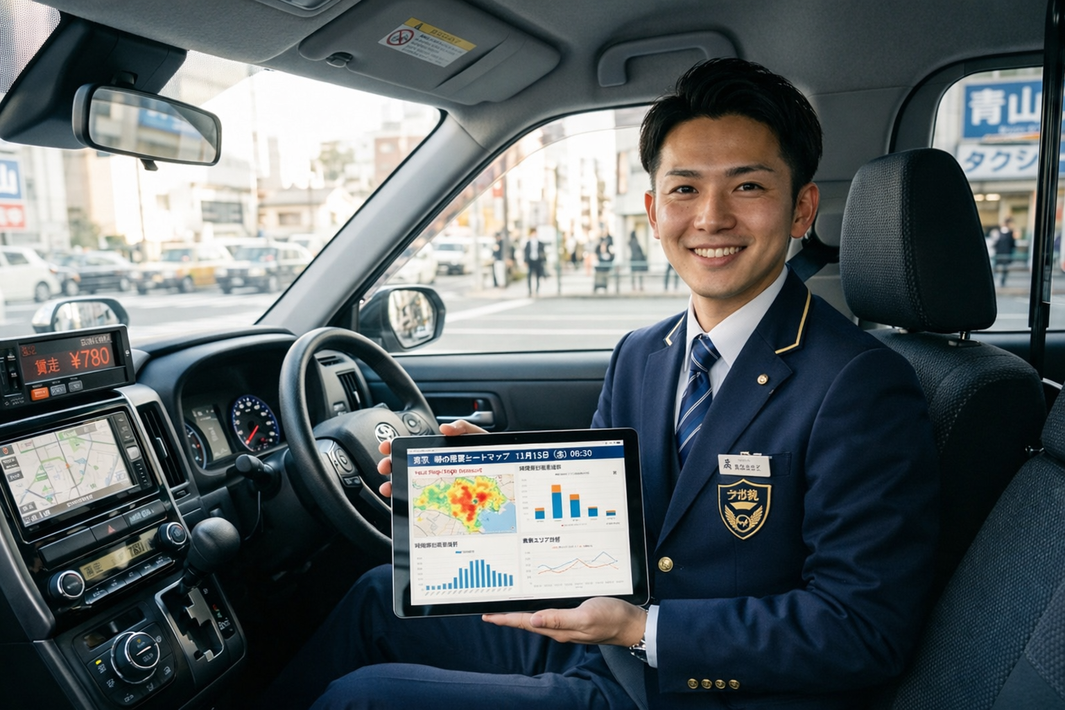 AI需要予測のタブレットを確認しながら笑顔で運転の準備をする20代のタクシードライバー