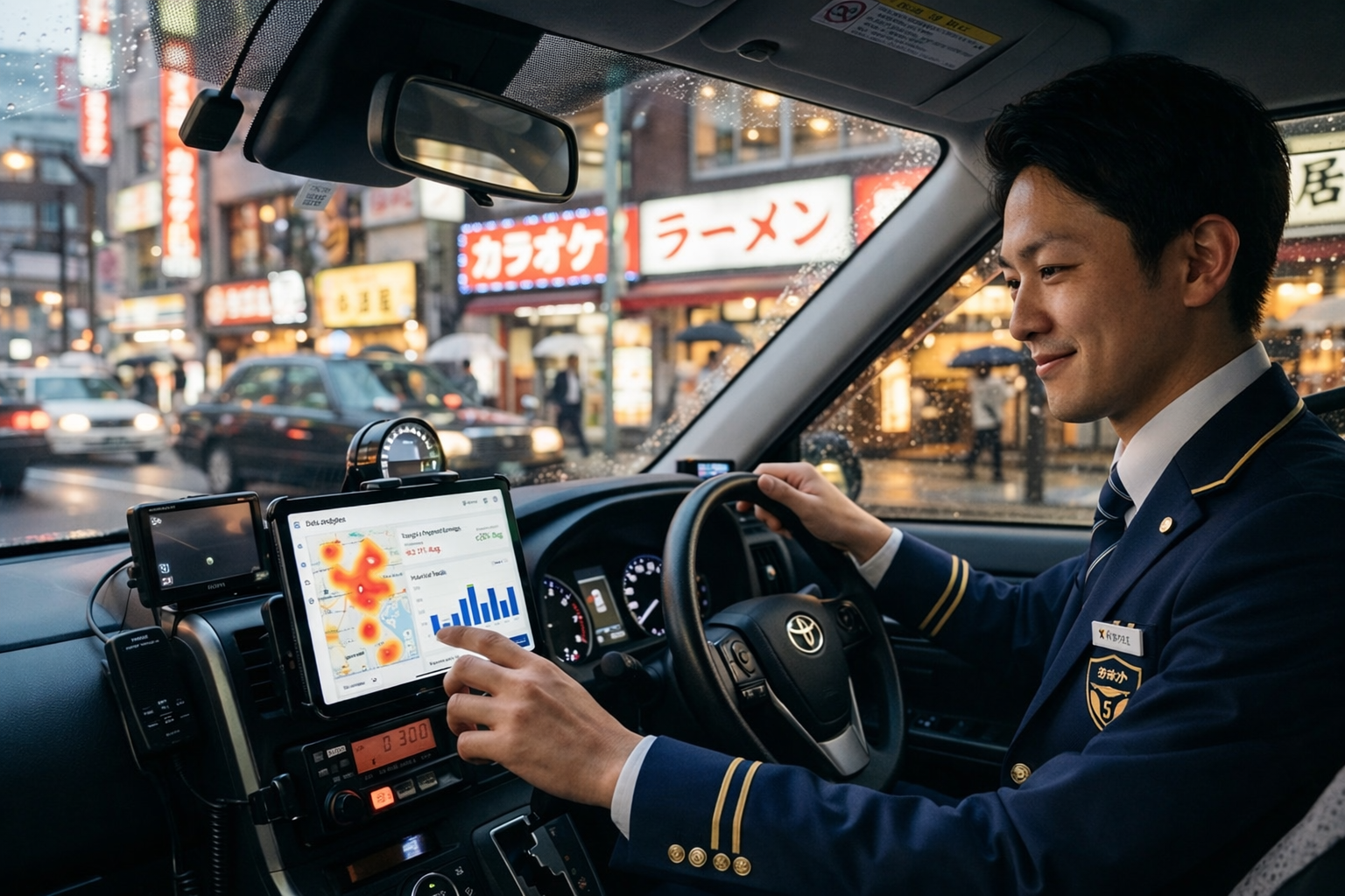 データを活用して安定収入を得るタクシードライバーのイメージ