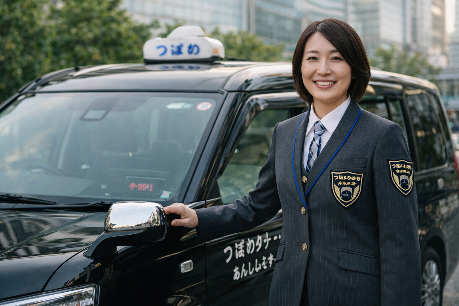 タクシーの横で爽やかな笑顔を見せる女性タクシードライバー