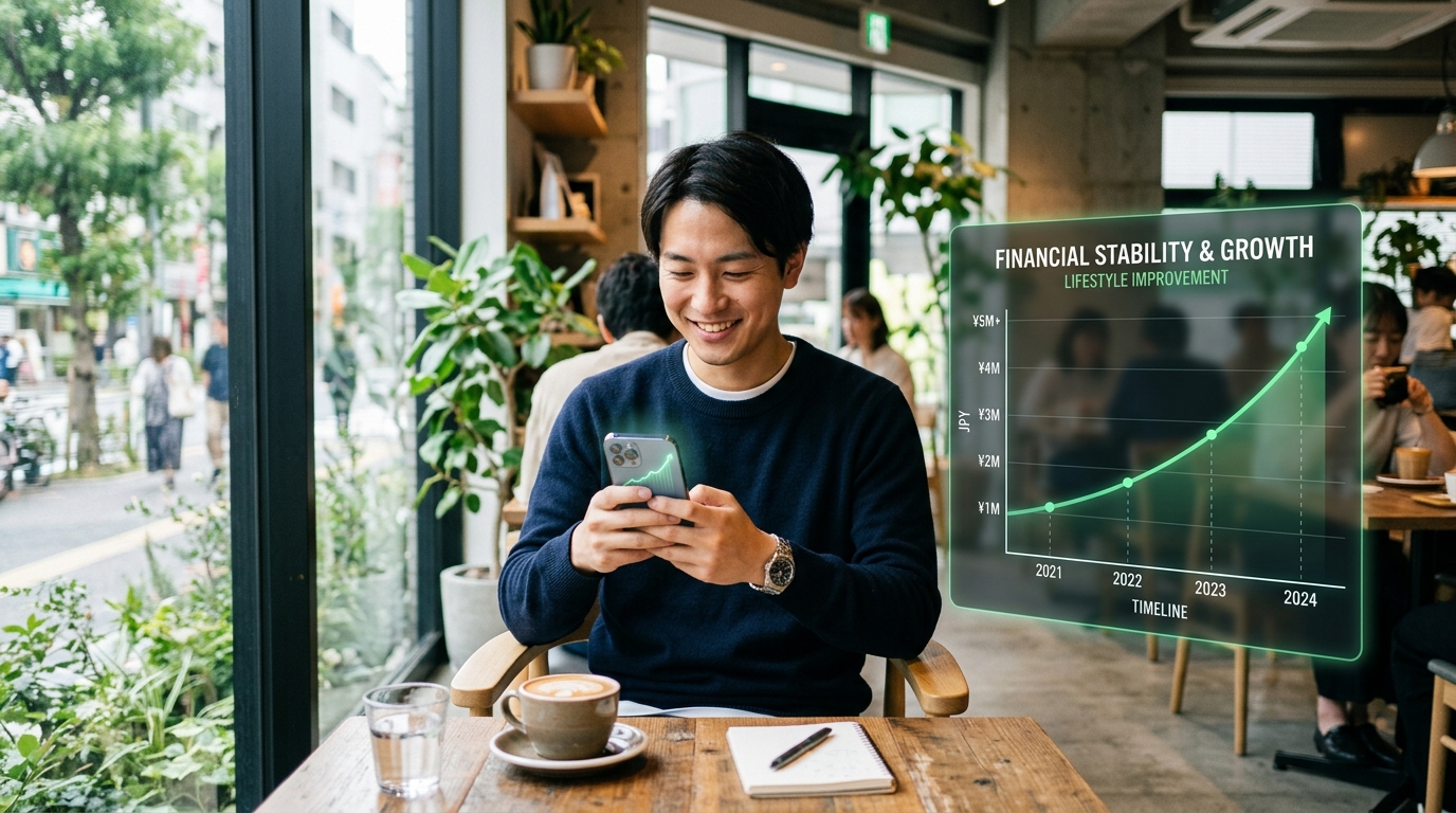 カフェでリラックスする若い男性と、その背景に年間収益の向上を象徴する上昇ライン