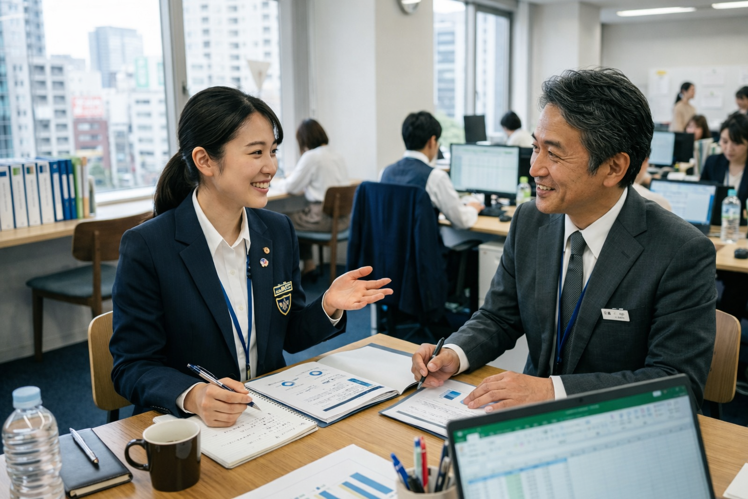 上司と話しながら評価やキャリアについて相談する女性社員の様子