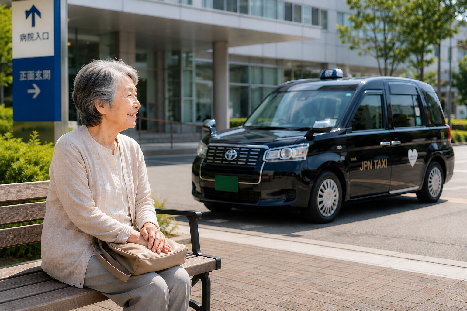 病院前のベンチで移動手段を待つ高齢女性と、背景に停車するJPN TAXI。名古屋の移動支援をイメージした様子