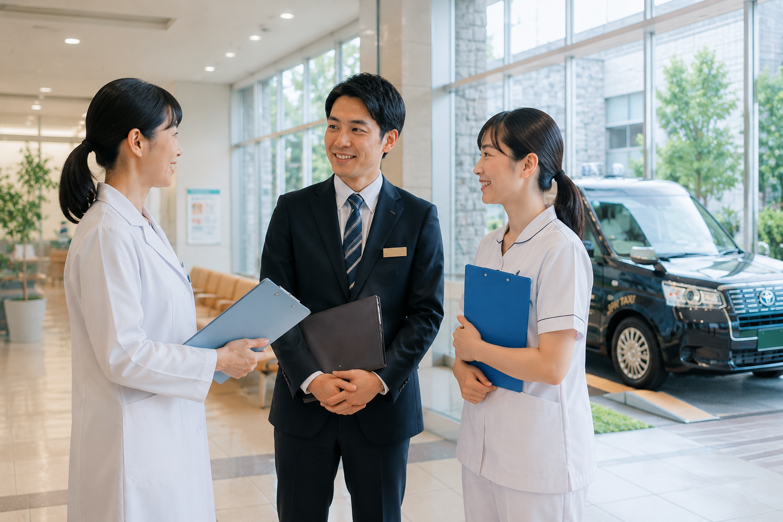 病院内で医療スタッフと連携し、移動支援について打ち合わせを行う名古屋のケアアテンダント。地域医療との連携をイメージした様子