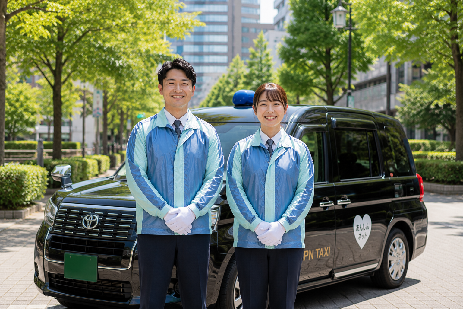 画像タイトル 未経験から地域を支えるプロを目指すケアアテンダント alt属性 JPN TAXIの前で笑顔を見せる男女のケアアテンダント。未経験から地域の移動支援を担う仕事をイメージした様子